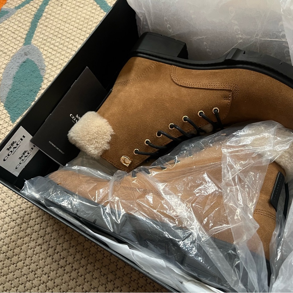 Coach Tan Boots with Black Lace Eyelets and Rubber Sole